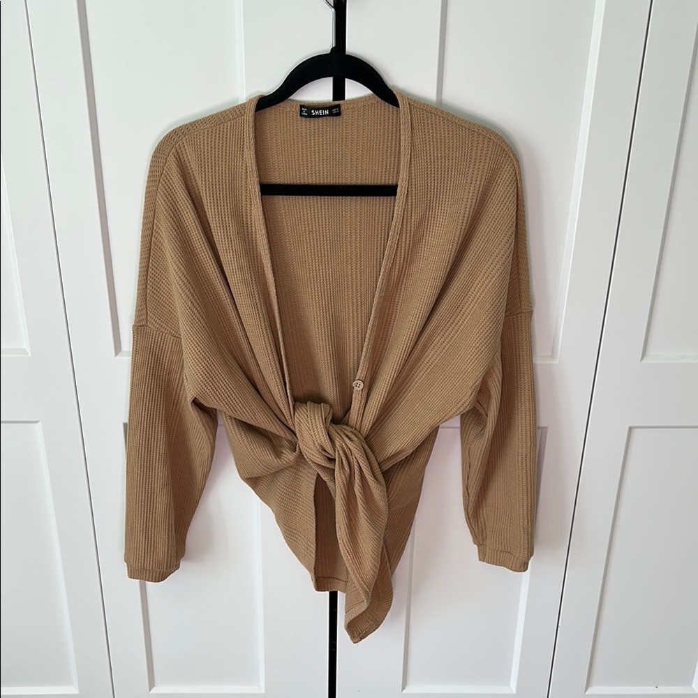 SHEIN Women's Camel Tie-Front Cardigan
